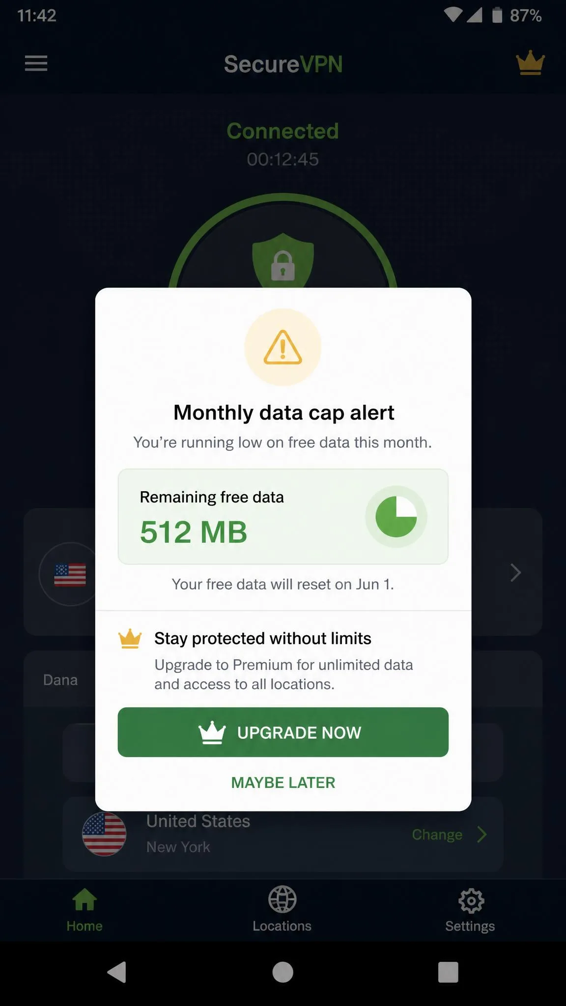 An Android VPN app displaying a monthly data-cap warning notification, with the remaining free data highlighted and an upgrade prompt below it.
