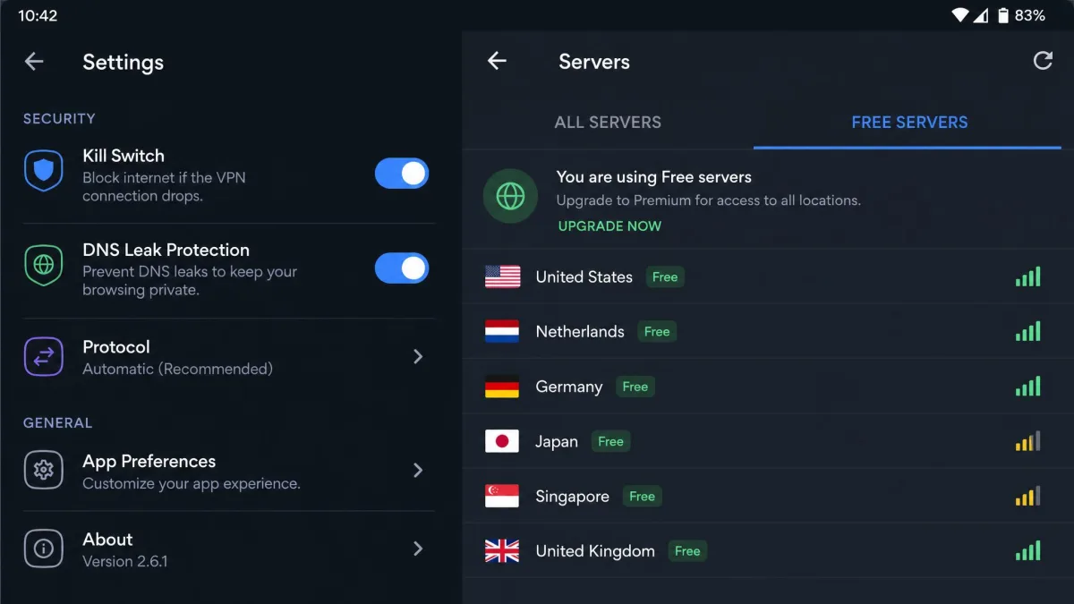 An Android VPN app settings menu with the kill switch and DNS leak protection toggles enabled, shown against the free server list.