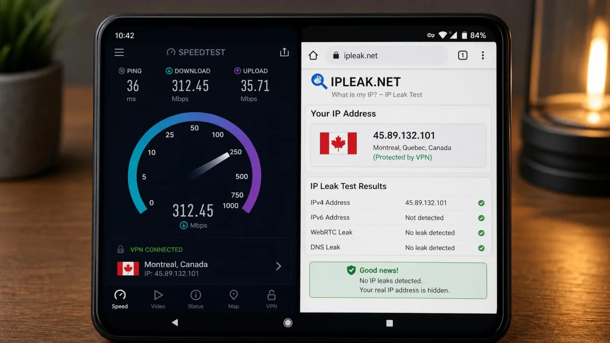 An Android phone running a VPN speed test alongside an IP leak checker in a browser, showing the masked VPN location and download speed during testing.