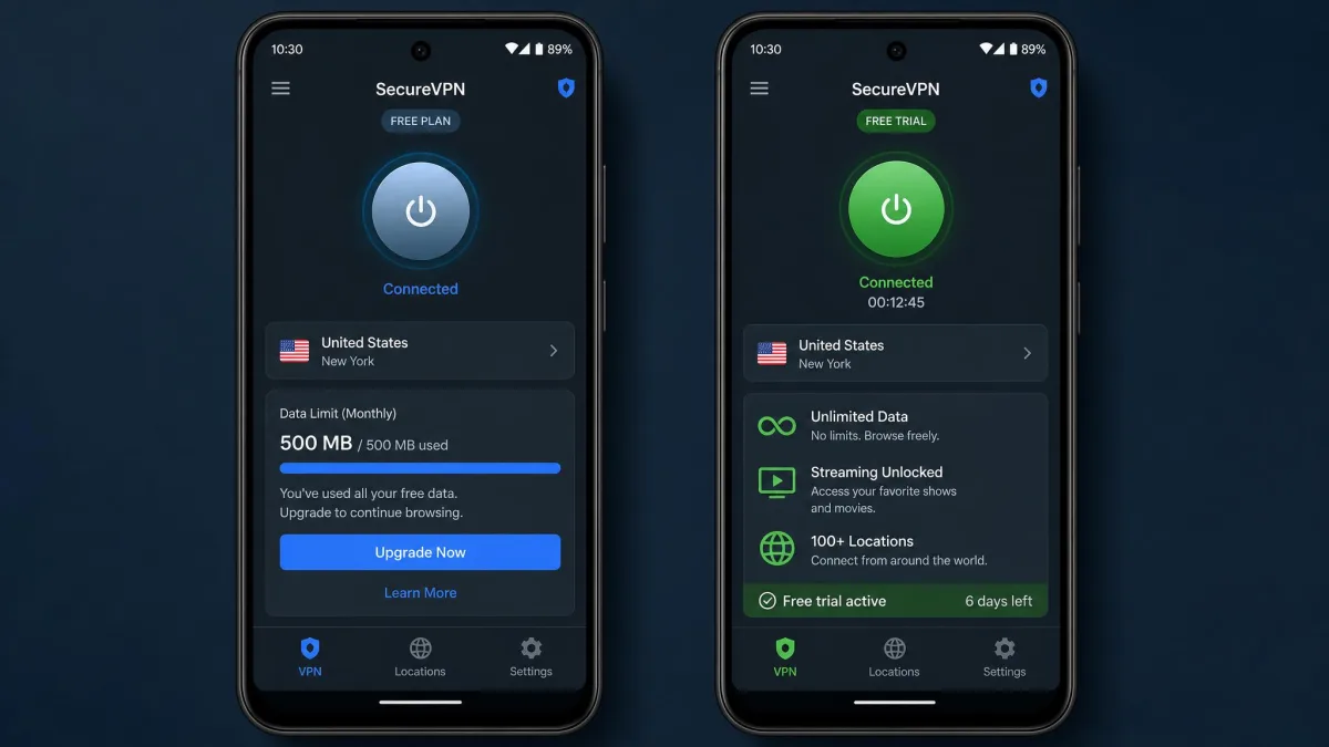 Two Android phones side by side, one running a free VPN tier with a data-cap notice and one running a paid free-trial VPN showing unlimited data and streaming unlocked.