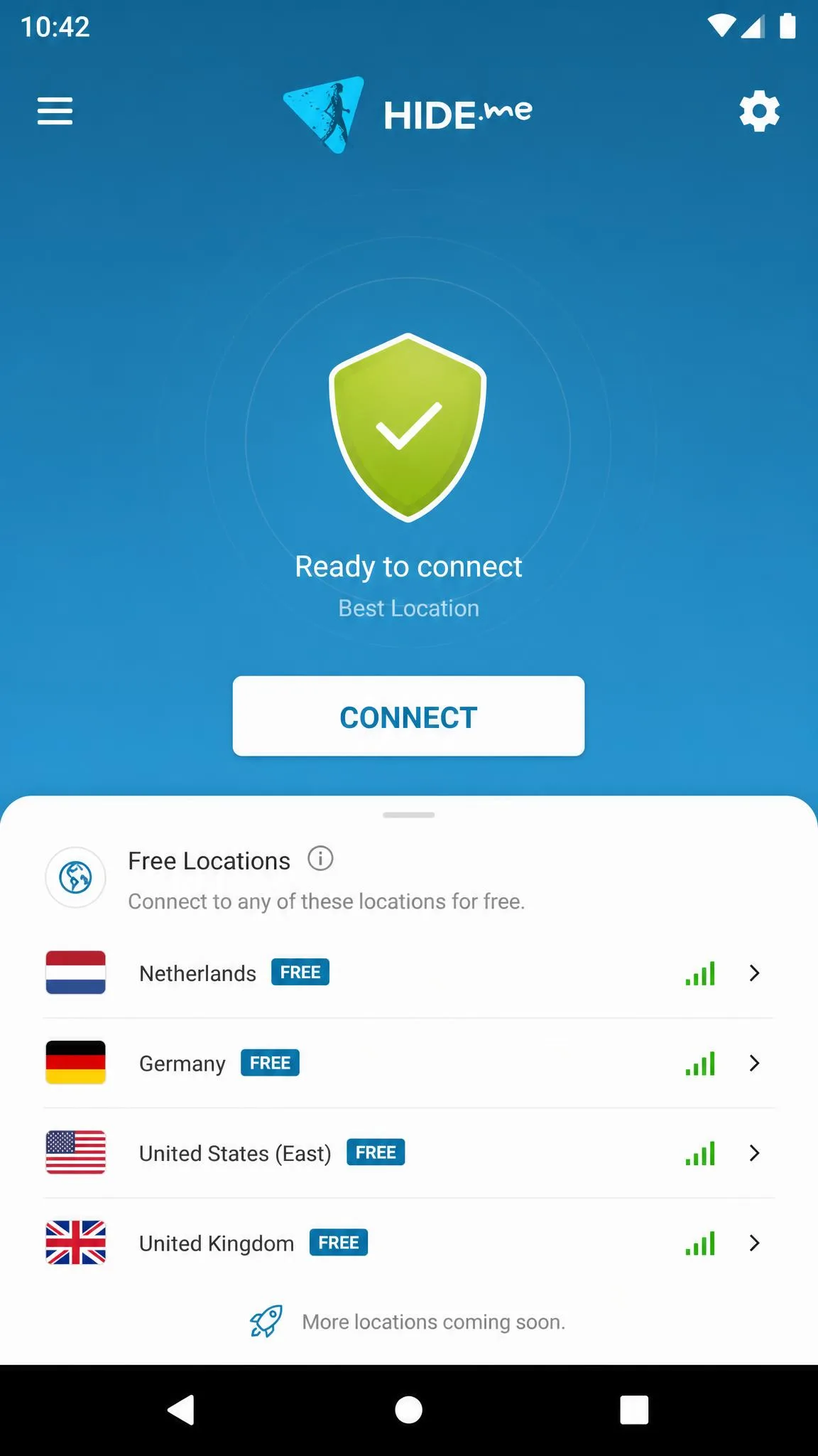 hide.me Android app on its connect screen with no login required, showing the free server locations and a one-tap connect button.