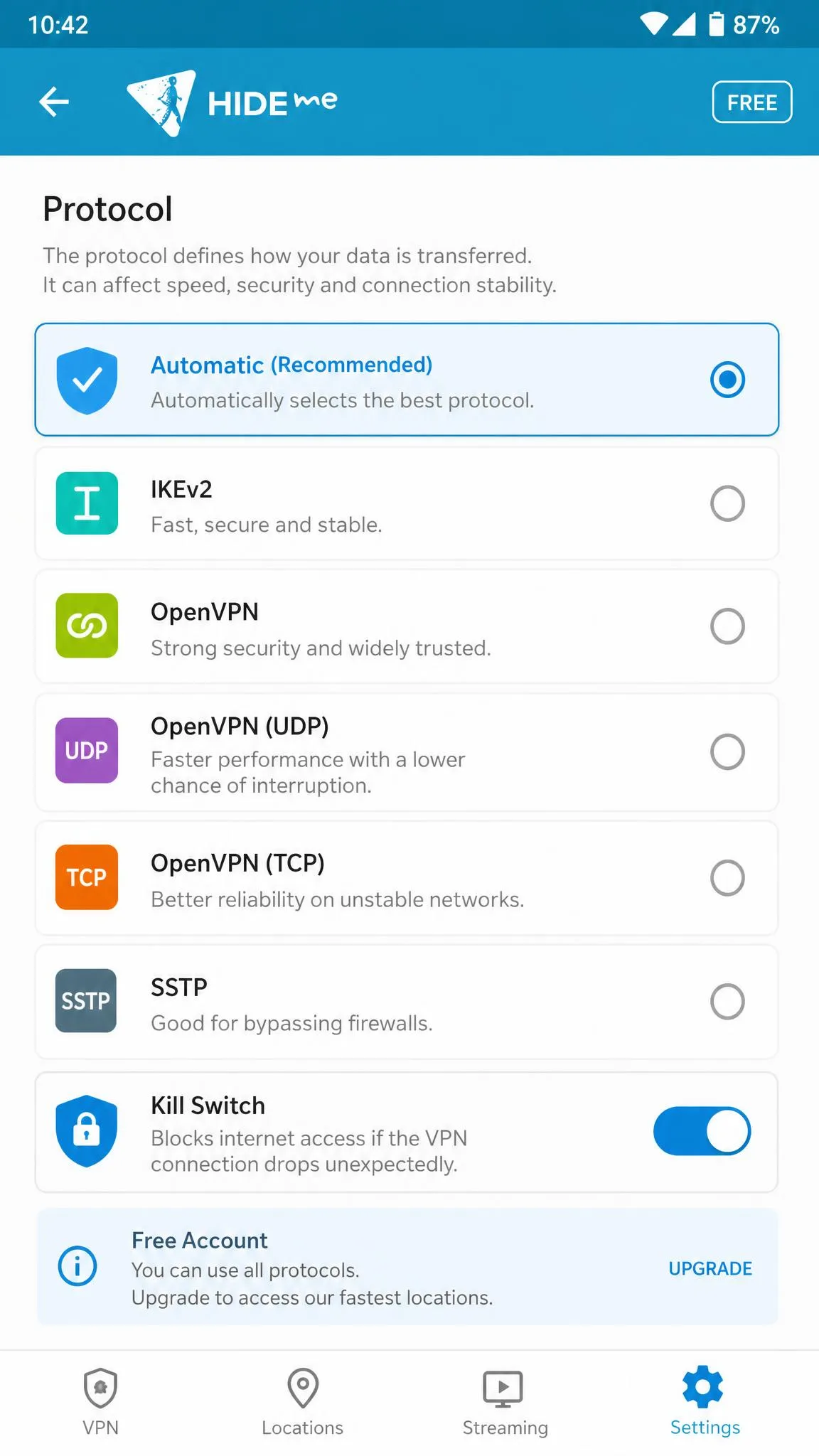 hide.me Android app protocol selection screen showing multiple VPN protocols and the kill switch toggle enabled on a free account.