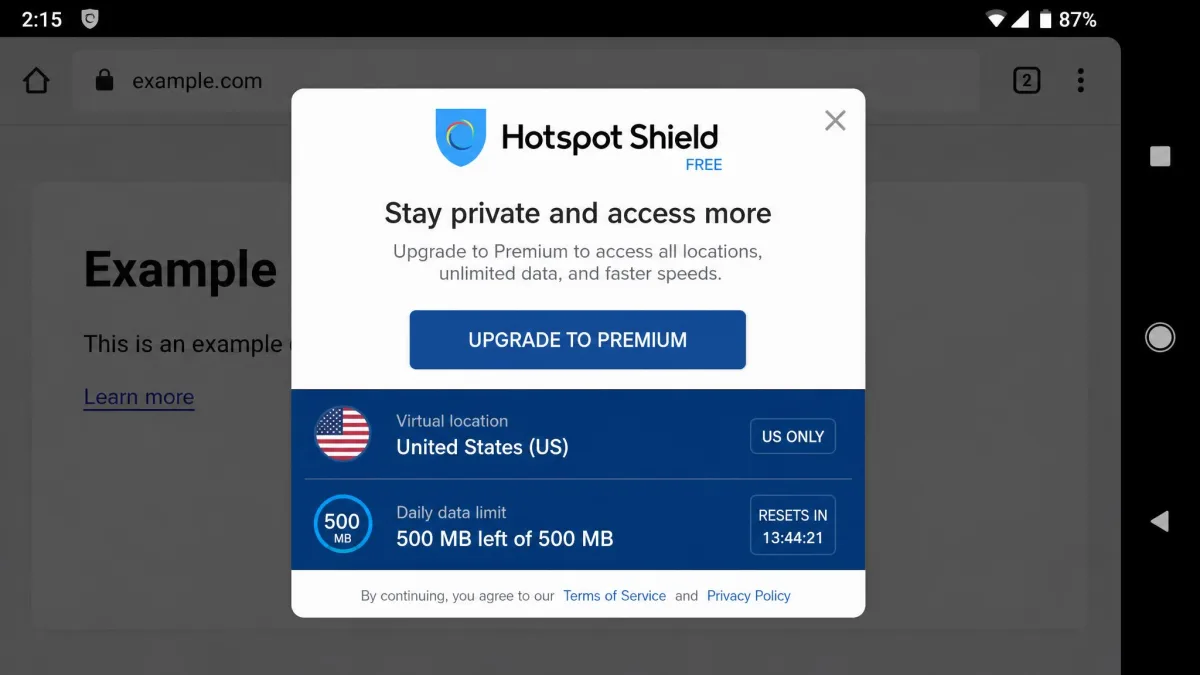 Hotspot Shield free Android app showing a pop-up ad during browsing with its US-only server and 500MB daily data limit visible.