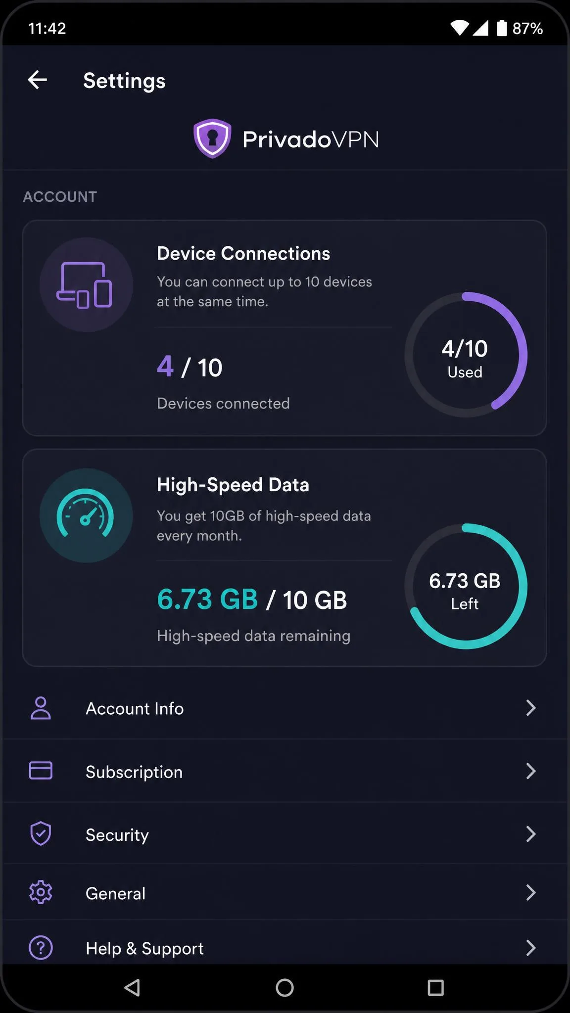 PrivadoVPN Android app settings screen on a phone showing the 10-device connection limit and the monthly 10GB high-speed data allowance remaining.