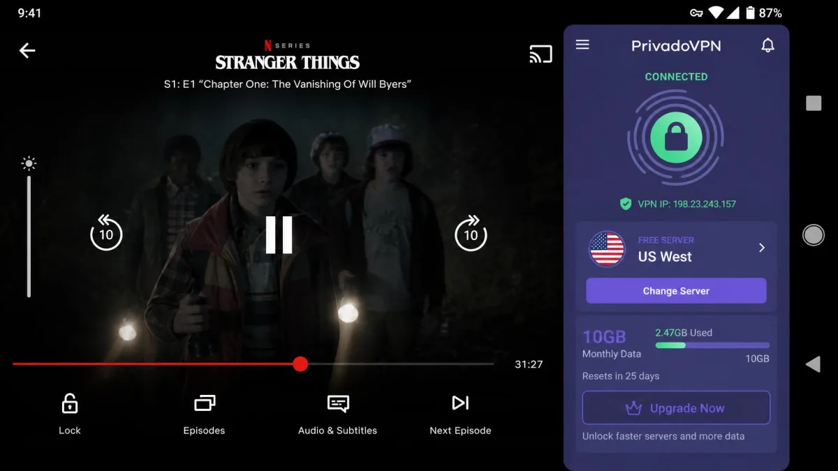 PrivadoVPN Android app connected to a US free server with Netflix open and playing in the background, showing the 10GB monthly data meter.