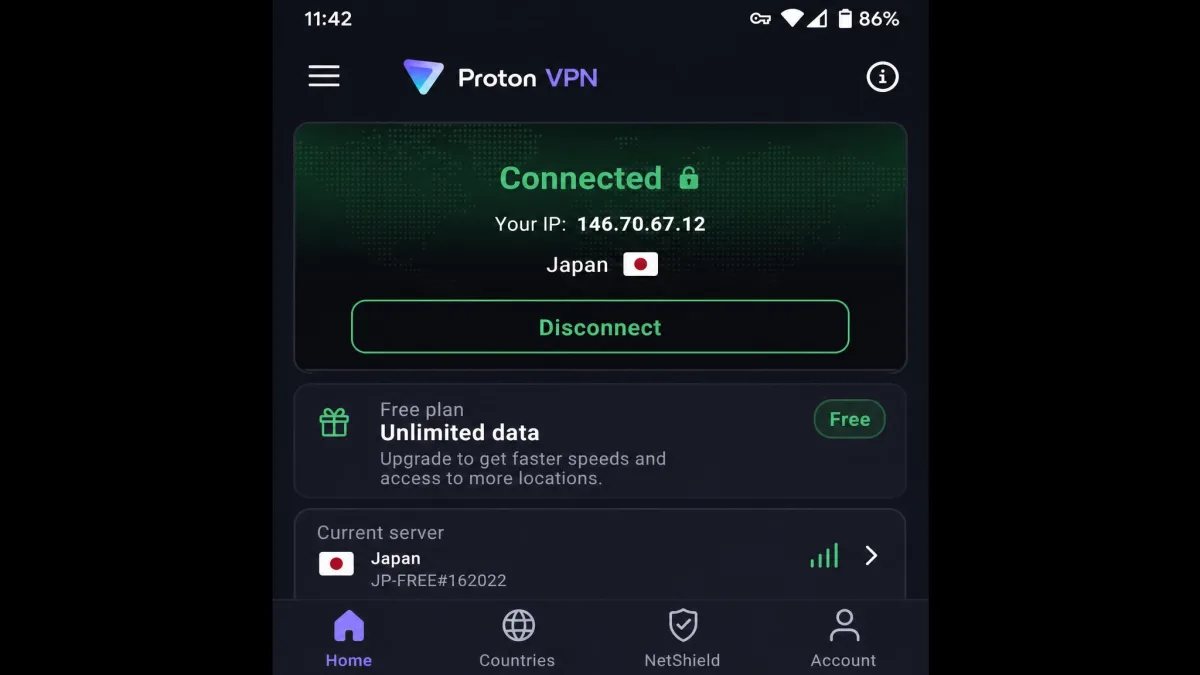 Proton VPN Android app connected to a free server, showing the unlimited-data free plan and a green connected status with the current IP location.