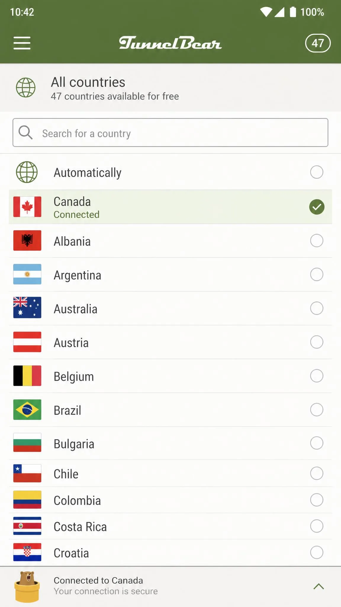 TunnelBear Android app showing its list of 47 available free countries with a search box and the currently connected server highlighted.
