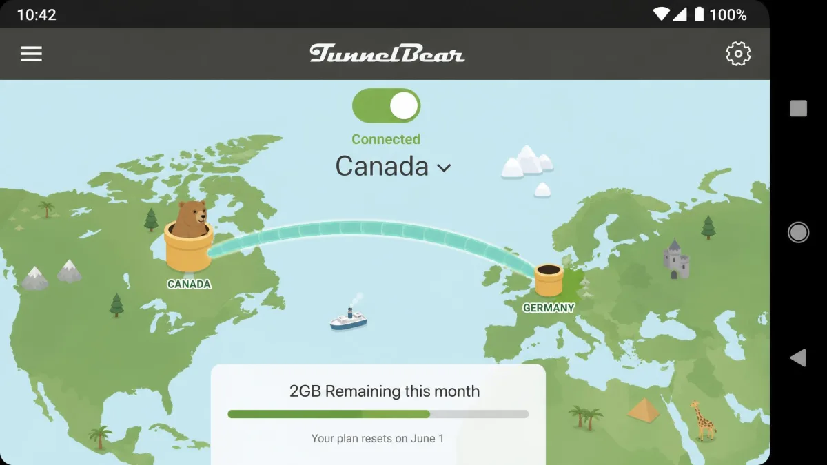 TunnelBear Android app showing its illustrated world map with a tunnel connecting to a chosen country and the 2GB monthly data remaining.