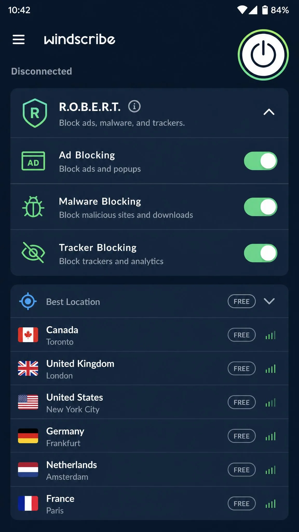 Windscribe Android app showing the R.O.B.E.R.T. blocker settings with toggles for ads, malware, and trackers, and the free server location list below.