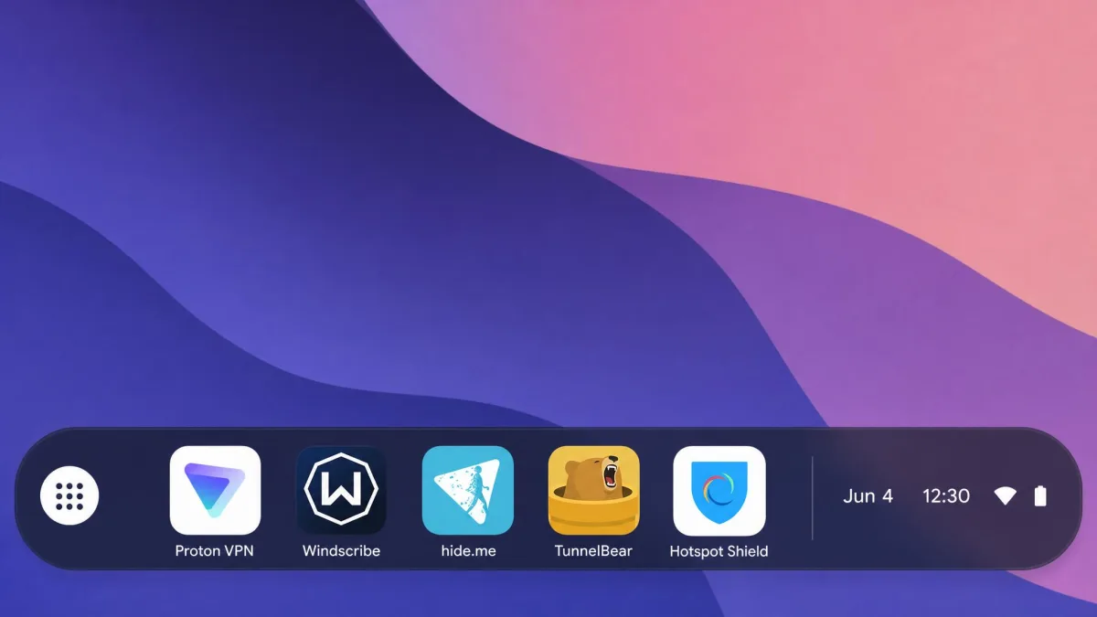 A Chromebook app shelf showing the five reviewed free VPN apps installed side by side: Proton VPN, Windscribe, hide.me, TunnelBear, and Hotspot Shield.