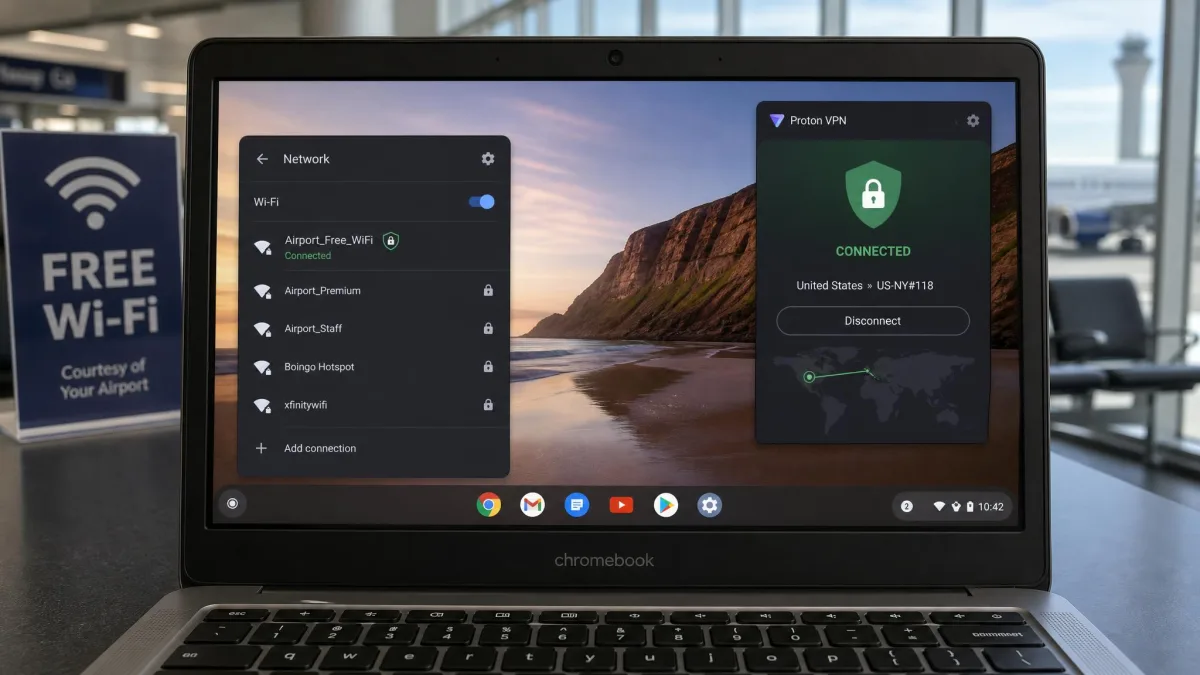 A Chromebook connected to an airport public Wi-Fi network with a VPN app active in the corner, showing a padlock shield over the network name.