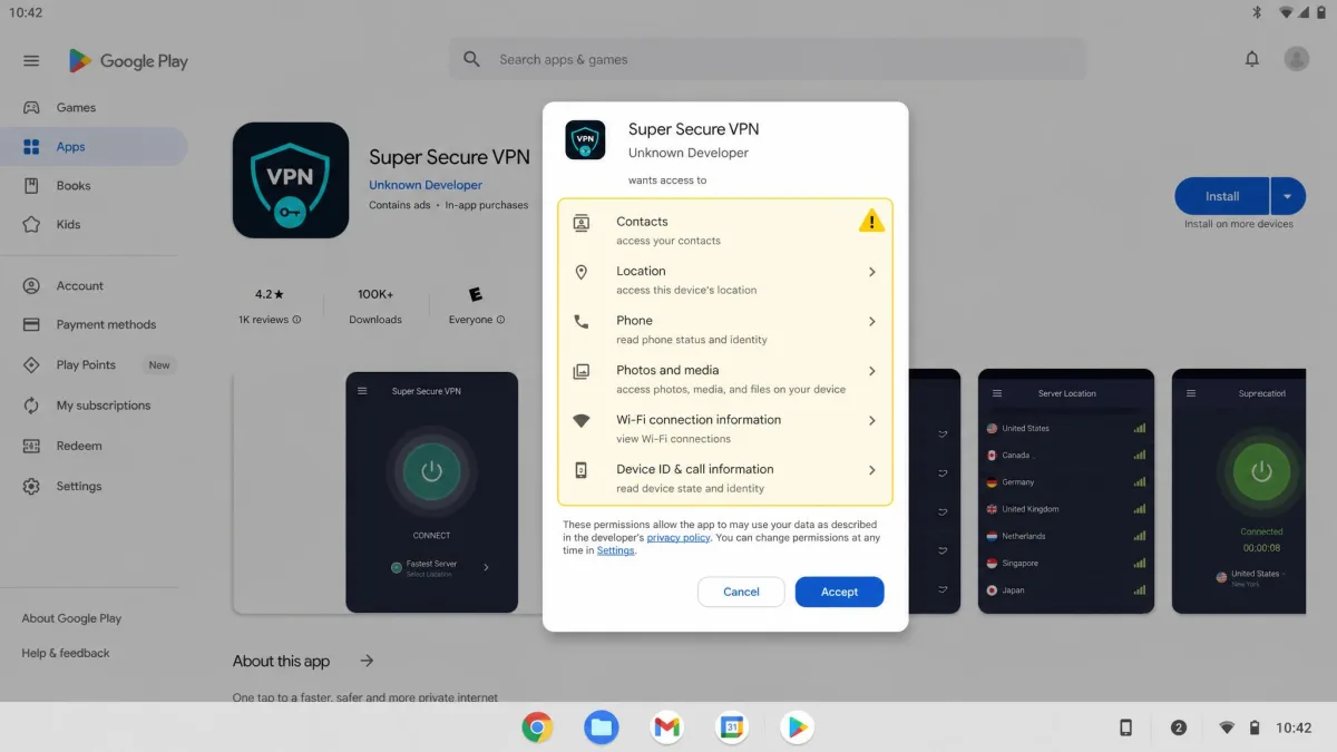 A Chromebook Play Store screen showing an unknown VPN app requesting broad permissions including contacts and location, with a caution highlight around the permissions list.