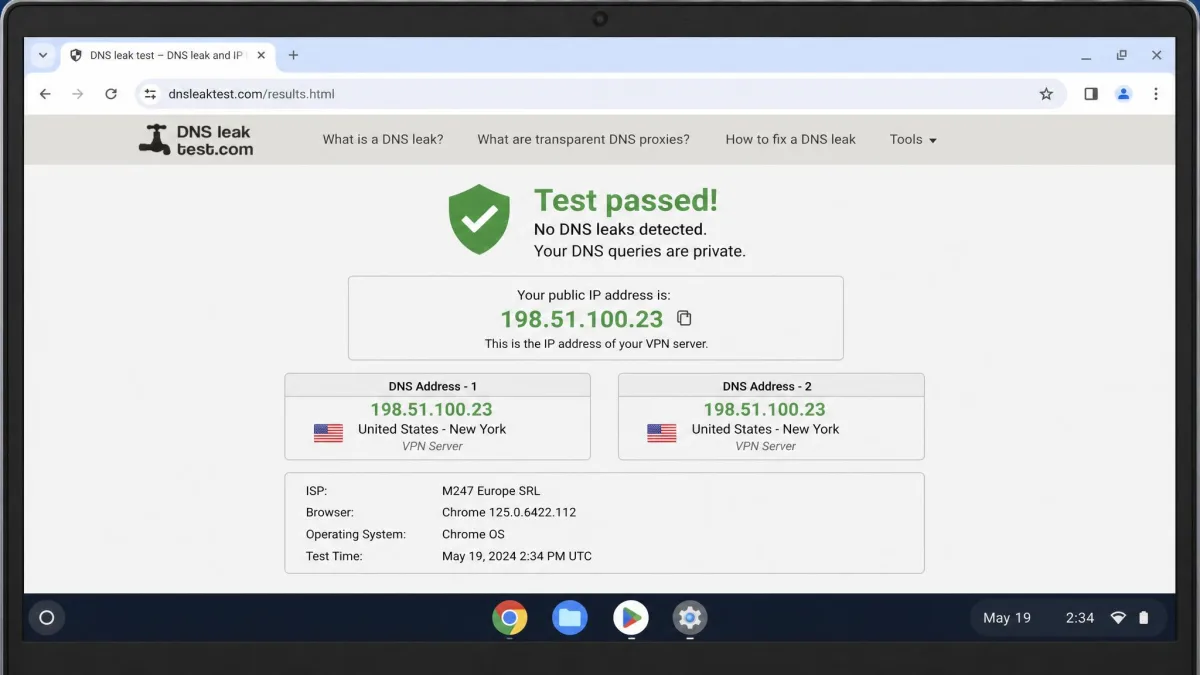 A Chromebook browser showing a DNS and IP leak test results page with a green pass indicator, the VPN server IP displayed instead of the real address.