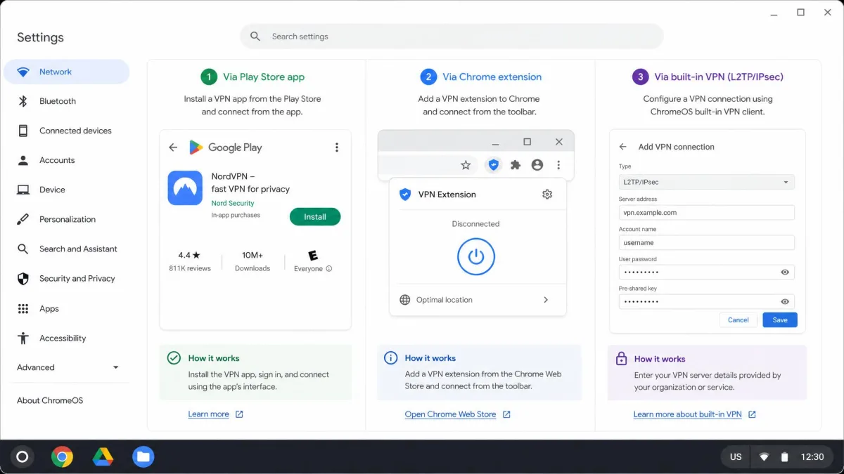 A Chromebook settings screen split to show three VPN setup routes: the Play Store app install, a Chrome extension in the toolbar, and the built-in VPN configuration dialog.