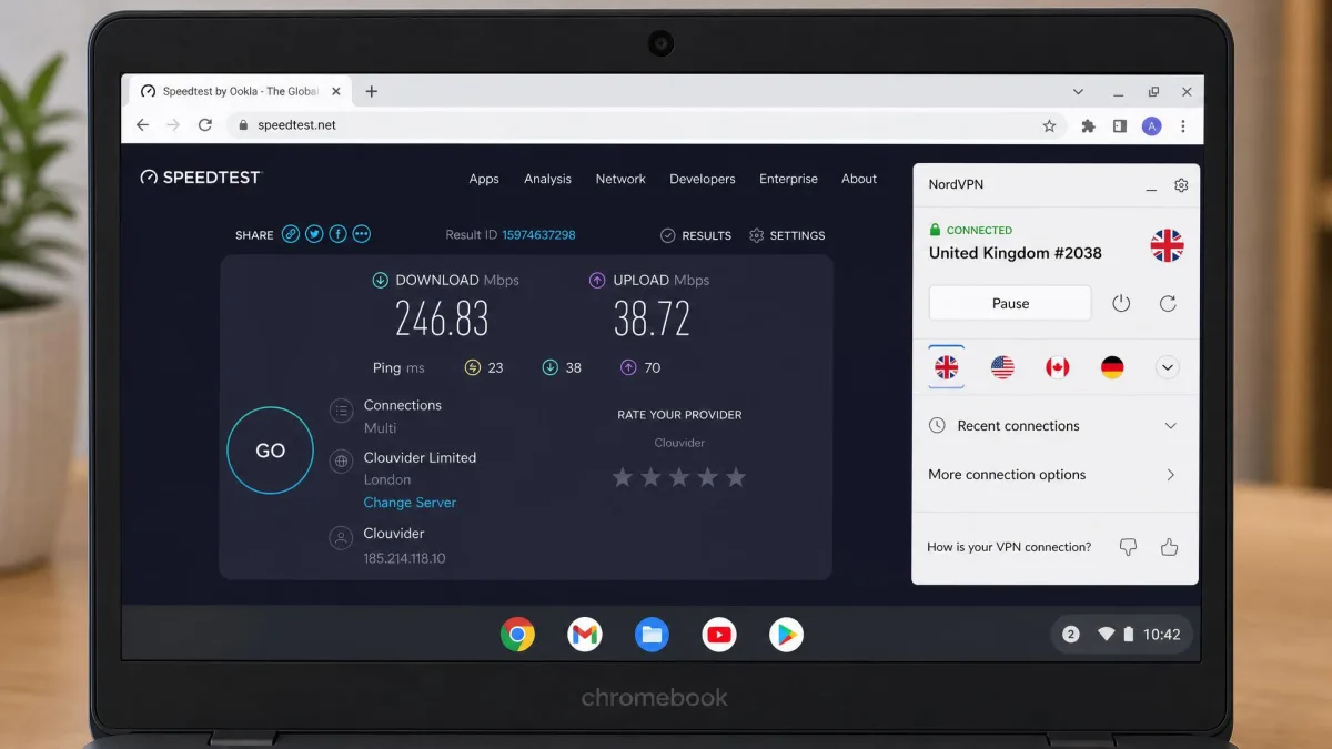 A Chromebook browser running a broadband speed test while a VPN is connected, showing download and upload figures next to the selected server location.