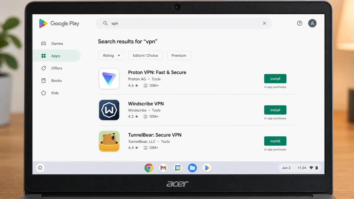 A Chromebook screen showing the Google Play Store search results for VPN apps, with Proton VPN, Windscribe, and TunnelBear listed and Install buttons visible.
