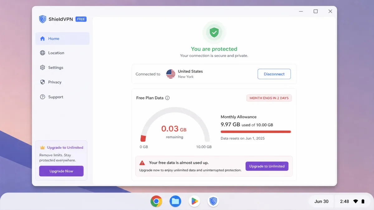 A free VPN data allowance meter on a Chromebook nearly drained to zero near month end, with an upgrade prompt for unlimited data.