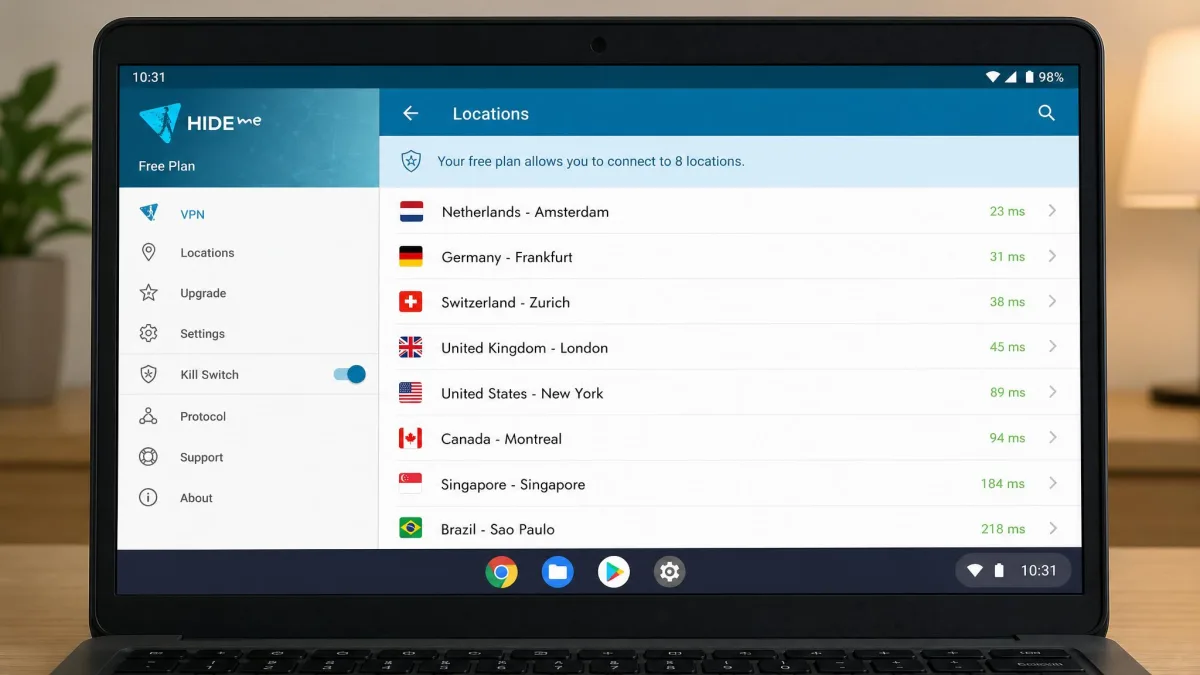 The hide.me Android app on a Chromebook showing its list of eight free server locations with ping times, and a kill switch setting visible in the side menu.