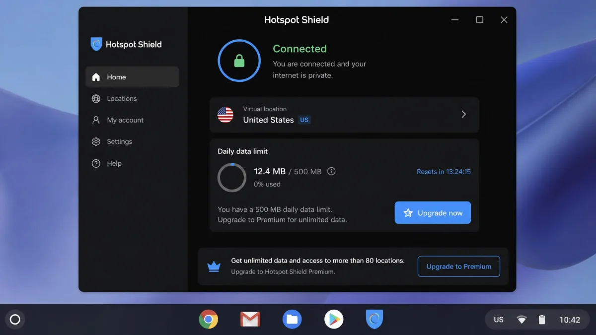 Hotspot Shield running on a Chromebook showing a connected US server, a 500MB daily data limit indicator near empty, and a prompt to upgrade for unlimited data.