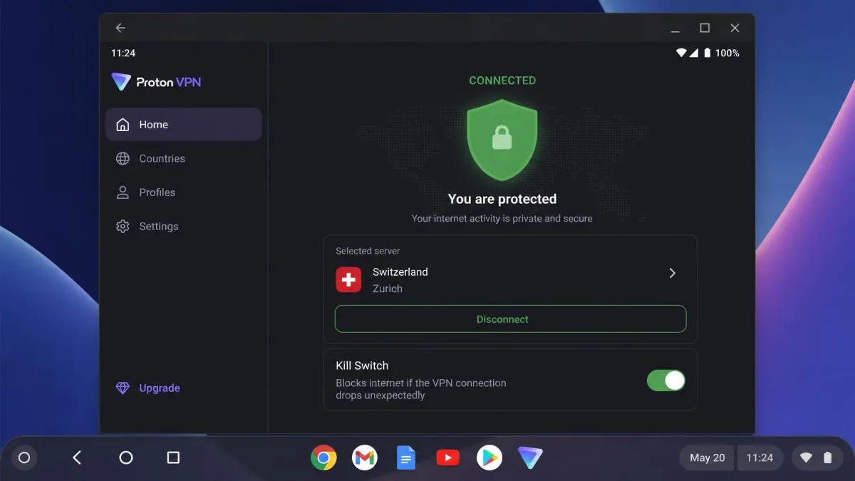 Proton VPN Android app running on a Chromebook, showing a connected status with a green shield, the selected country server, and the kill switch toggle turned on.