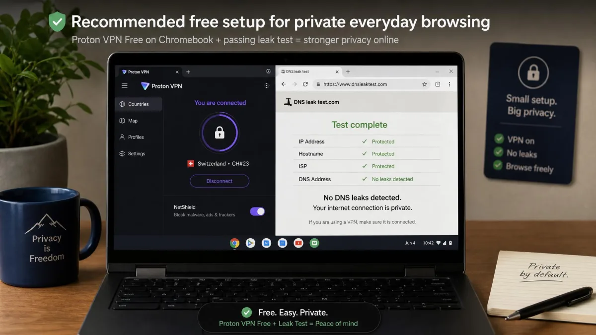 Proton VPN connected on a Chromebook next to a passing leak-test tab, illustrating the recommended free setup for private everyday browsing.