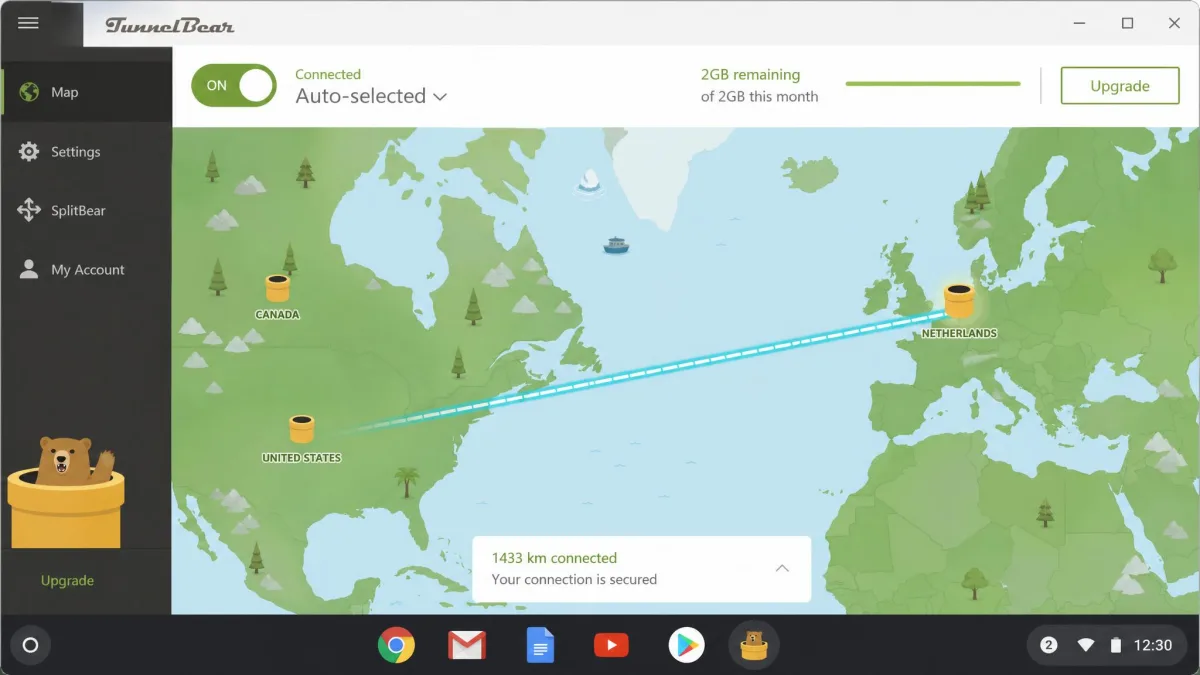 TunnelBear's map-style interface on a Chromebook with a tunnel drawn to an auto-selected country and the remaining 2GB monthly data shown at the top.