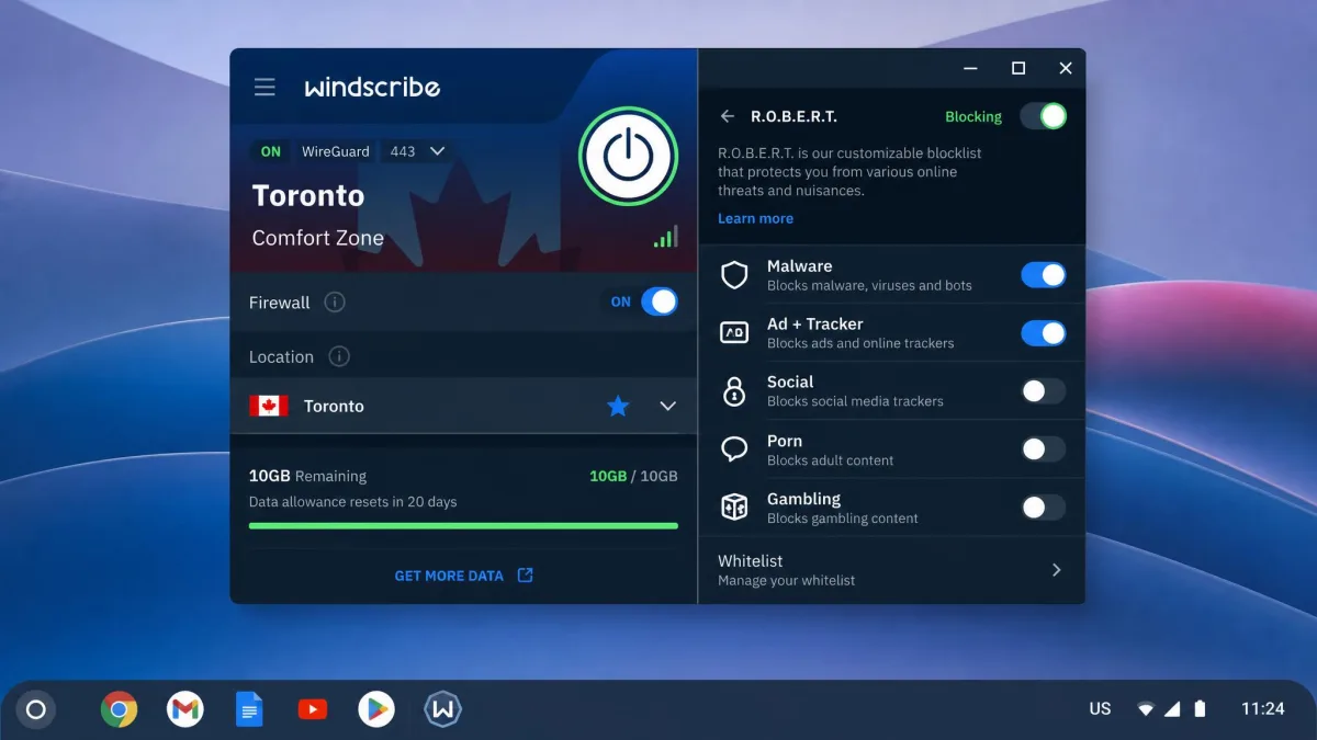 The Windscribe app on a Chromebook displaying the remaining monthly data allowance meter at 10GB, with the R.O.B.E.R.T. blocker menu and connected server location shown.