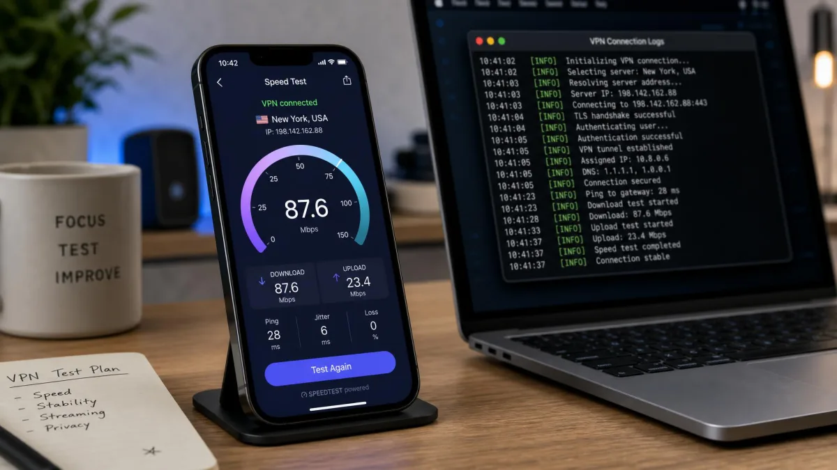 An iPhone on a desk running a VPN speed test in one app, with a second window showing connection logs, illustrating the hands-on testing process for free iPhone VPNs.