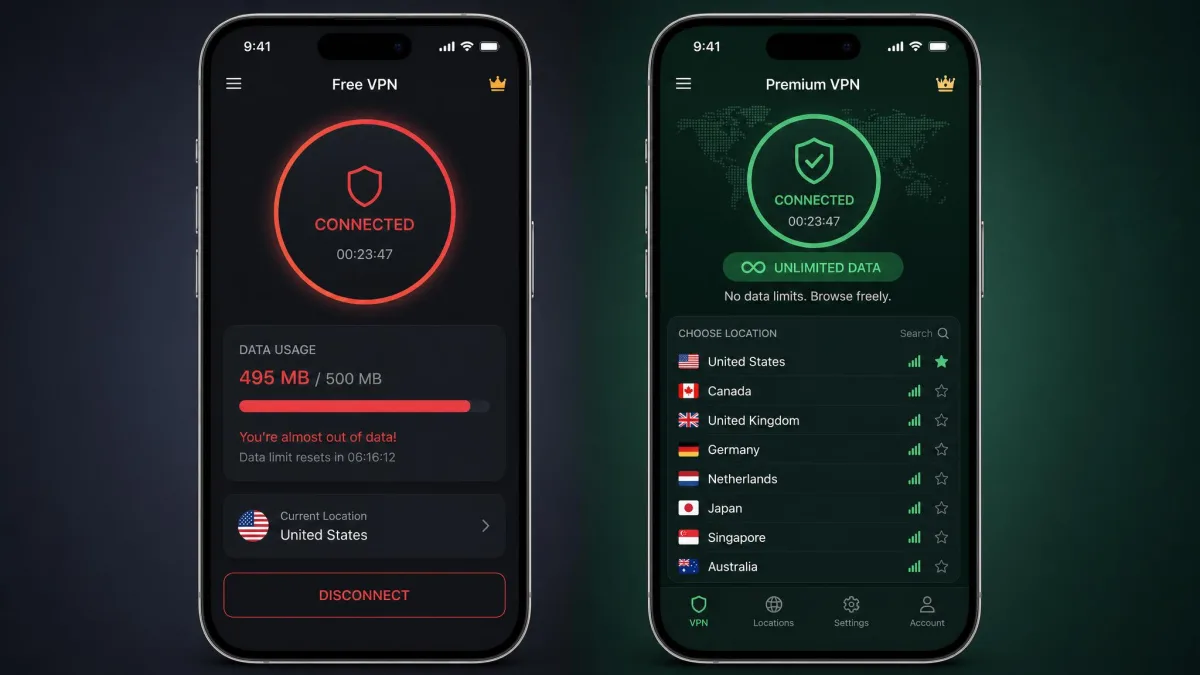 Two iPhones side by side, one showing a free VPN with a data-usage meter near its limit and the other showing a paid VPN with an unlimited-data label and a long country list.