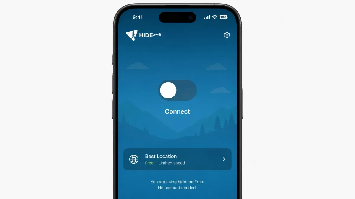 The hide.me iOS app on an iPhone connected on the free tier without any account signup, showing a minimal interface with a single connect toggle.