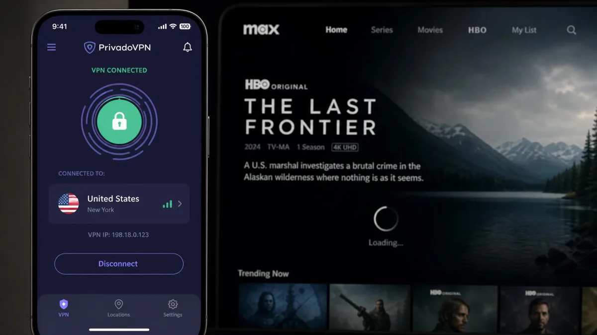 The PrivadoVPN iOS app connected to a US server on an iPhone, with a streaming service loading a region-locked title in the background.