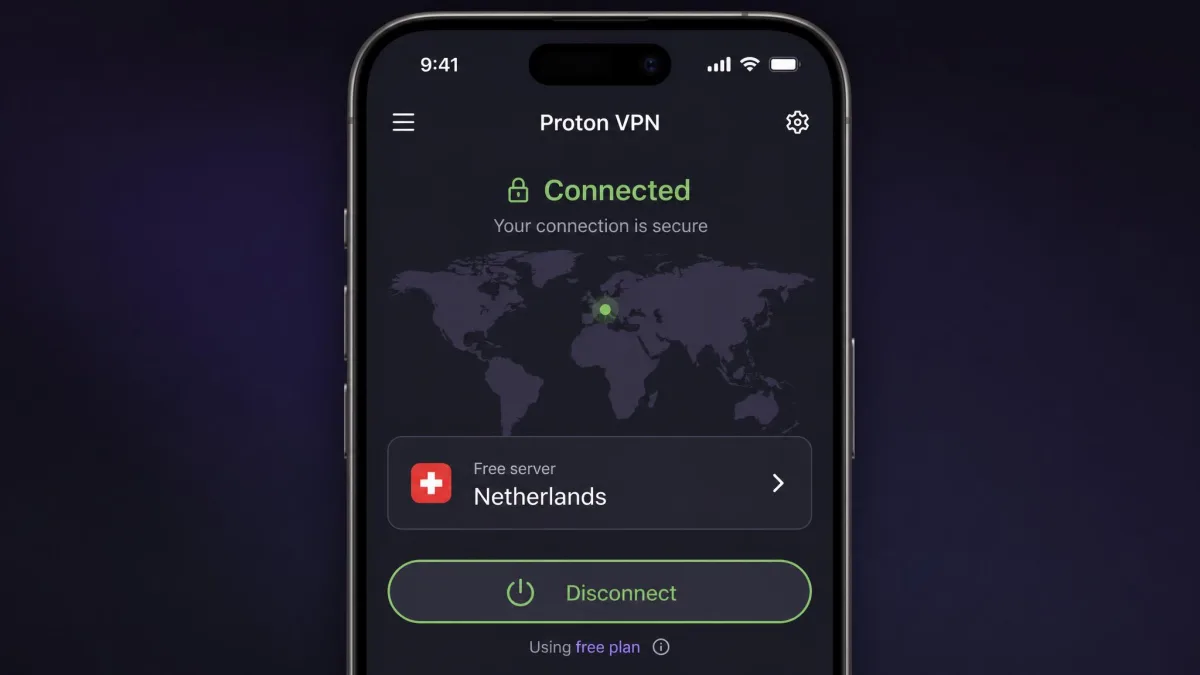 The Proton VPN iOS app on an iPhone showing a connected free-tier session with a single large connect button and the assigned free server location.