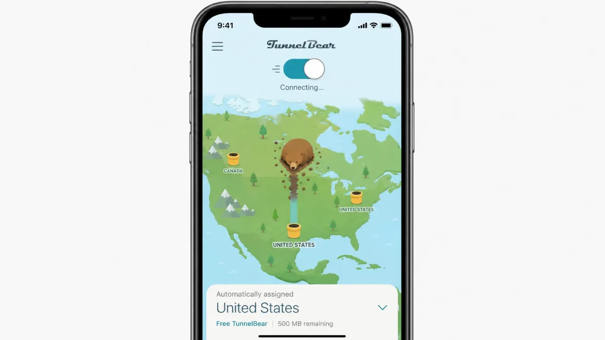 The TunnelBear iOS app on an iPhone showing its illustrated map interface with a bear tunneling to an automatically assigned server on the free plan.