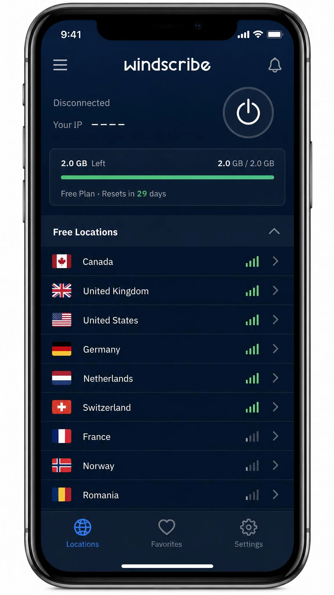 The Windscribe iOS app on an iPhone showing its free server location list with several countries selectable and the data-usage meter near the top.
