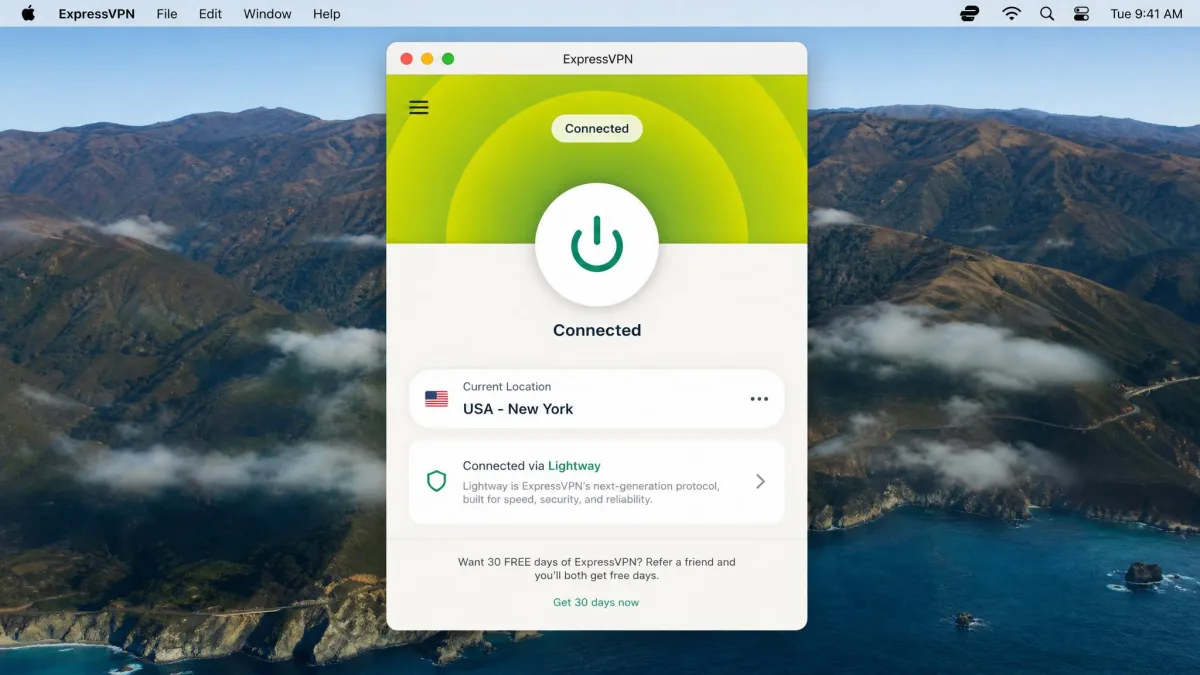 ExpressVPN's macOS app connected via the Lightway protocol, showing the large on/off connect button and a chosen server location.