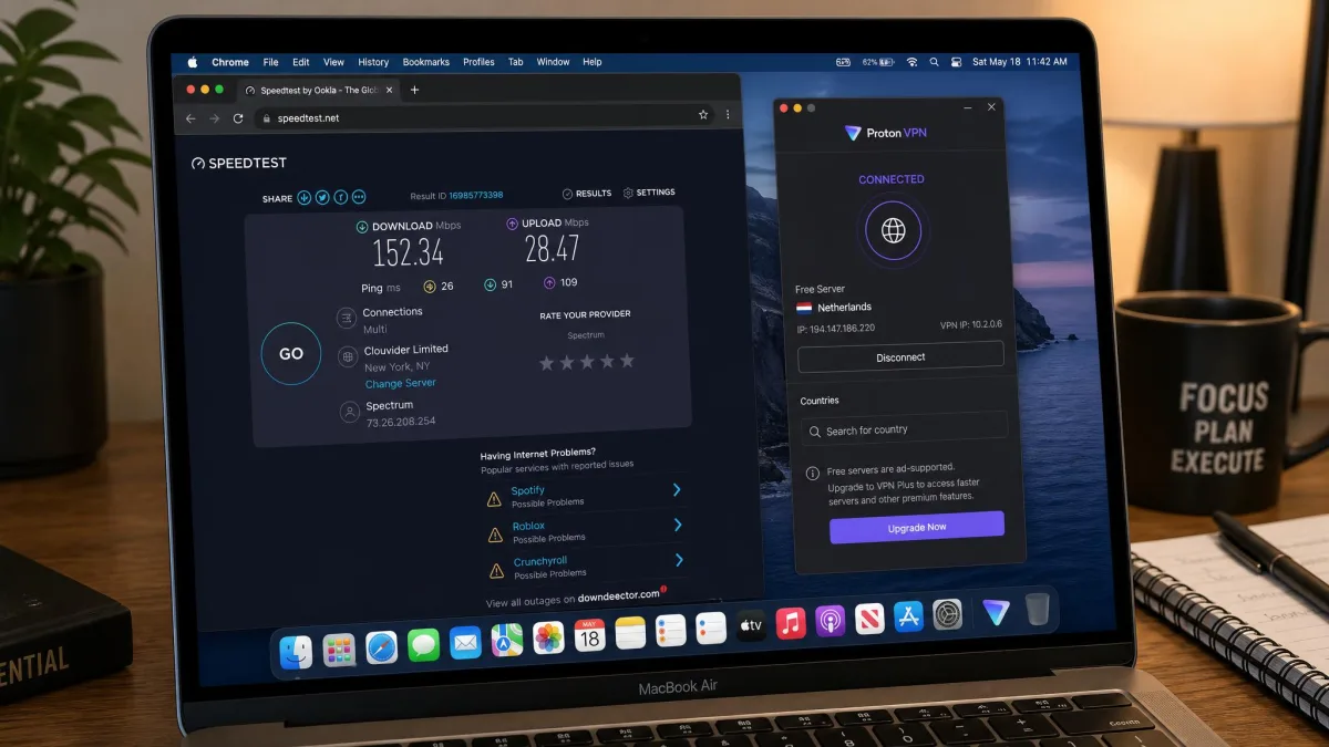 A MacBook on a desk running a browser speed test in one window and a VPN app connected to a free server in another, with download and upload figures visible on screen.
