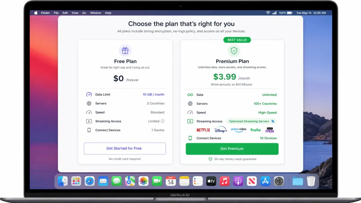A side-by-side comparison on a Mac screen showing a free VPN plan with data limits next to a paid plan with unlimited data and streaming servers highlighted.