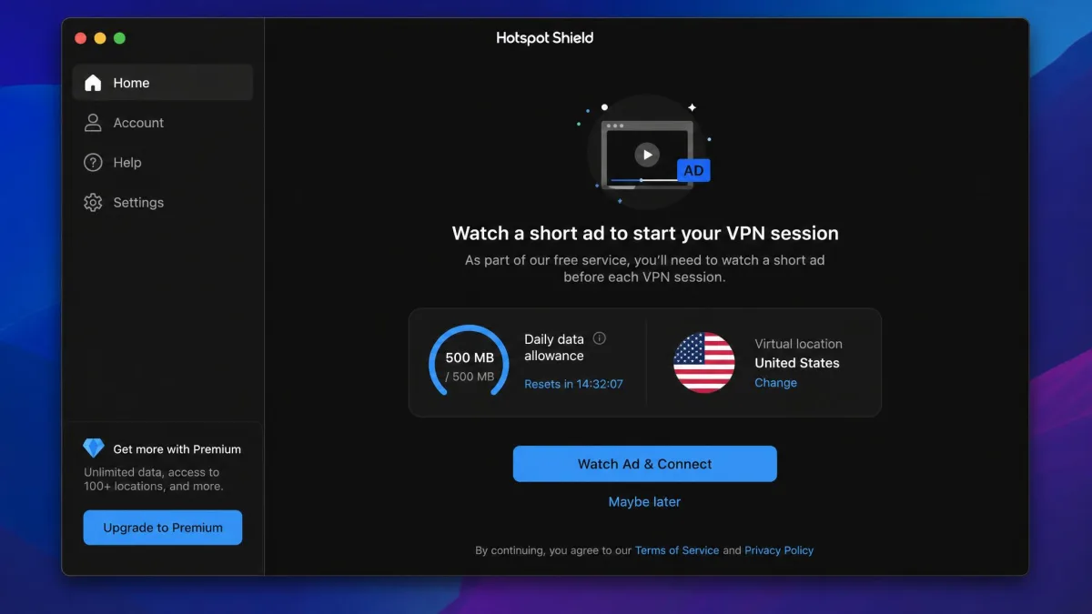 Hotspot Shield's macOS app showing the free-tier ad prompt before a session starts, with the daily data allowance and US server location displayed.