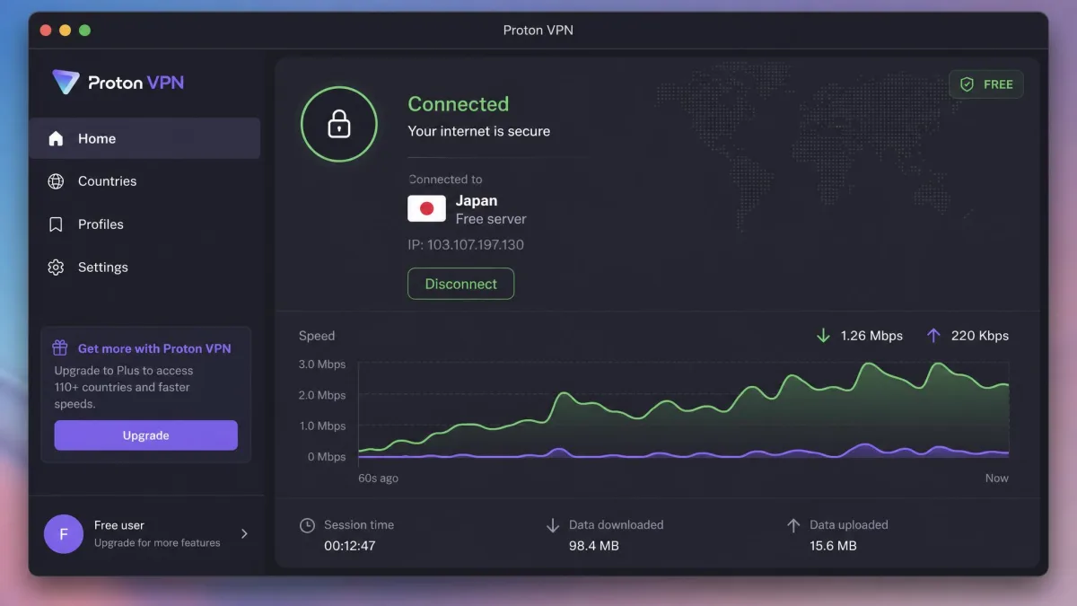 Proton VPN's macOS app connected to a free server, showing the connection status, server country, and a live speed graph in the main window.