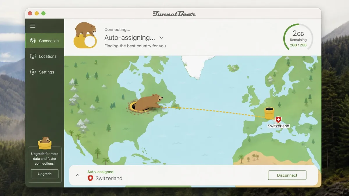 TunnelBear's macOS app showing its illustrated map interface with a bear tunnelling to an auto-assigned country and the 2GB data meter visible.