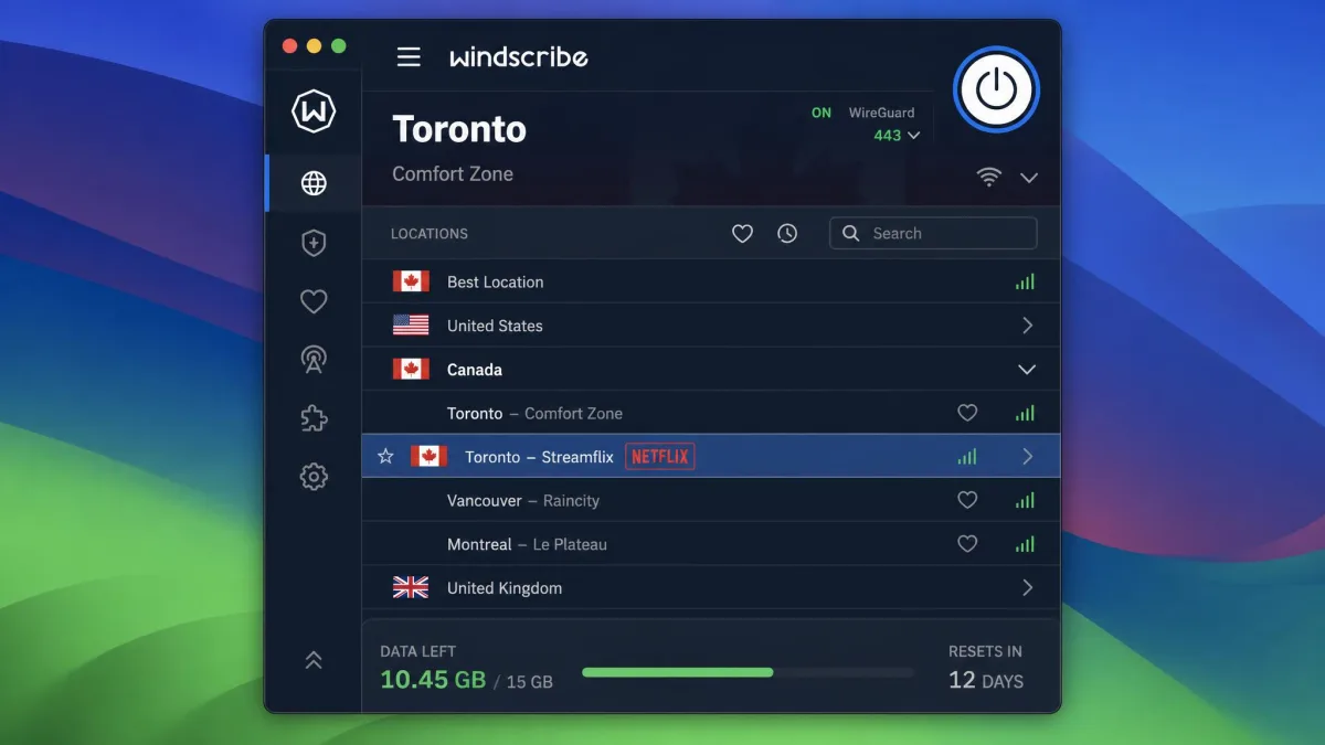 Windscribe's macOS app showing its server location list with a Netflix-labelled streaming server highlighted and the data-usage meter at the bottom.