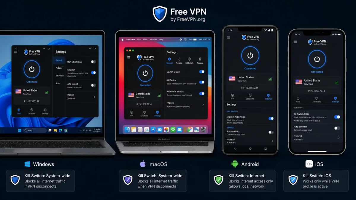 The same free VPN app shown running on a Windows laptop, a MacBook, an Android phone, and an iPhone side by side, highlighting differences in the kill switch and settings menus across platforms.