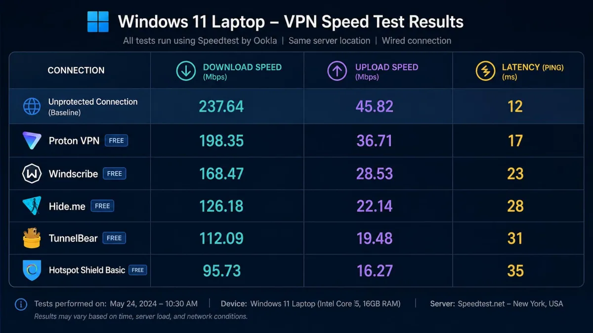 Side-by-side speed test results for five free VPNs on a Windows 11 laptop, showing download speed, upload speed, and latency for each provider next to an unprotected baseline connection.