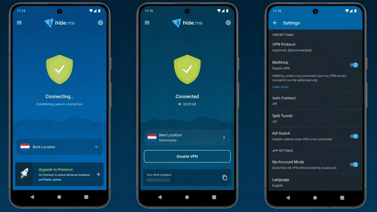 hide.me free app on Android connecting to a server without any login prompt, showing the no-account setup and the MultiHop Double VPN option in the settings menu.