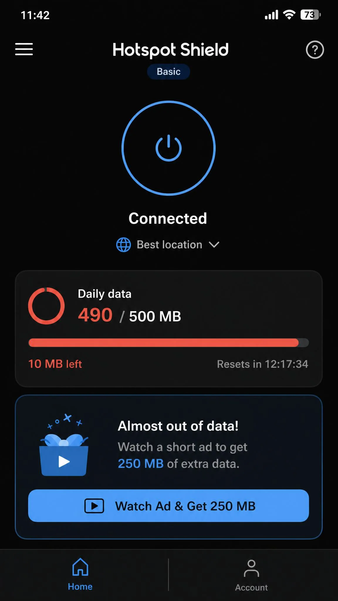 Hotspot Shield free Basic plan showing the 500MB daily data limit nearly exhausted, with a prompt to watch an ad to extend the allowance on a mobile screen.
