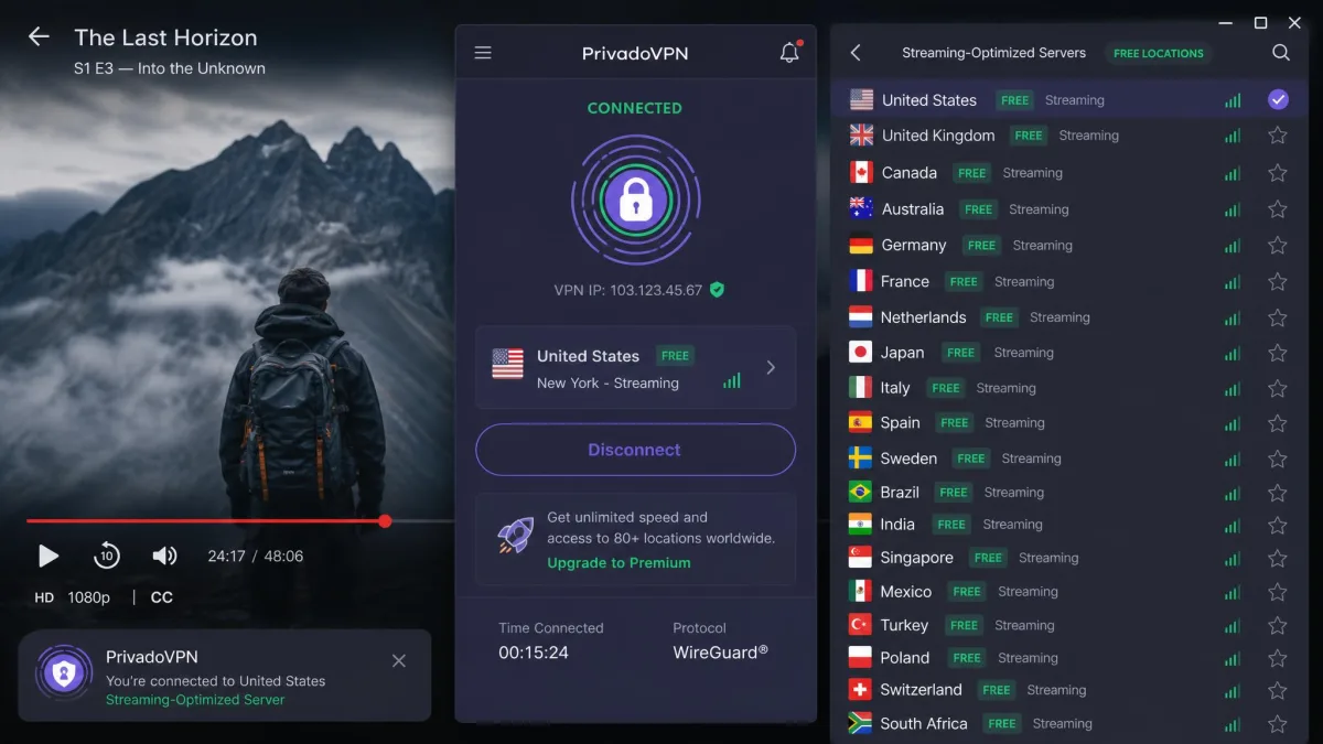 PrivadoVPN free app showing the streaming-optimized server location list with more than a dozen free countries and a connected session running a video stream in the background.