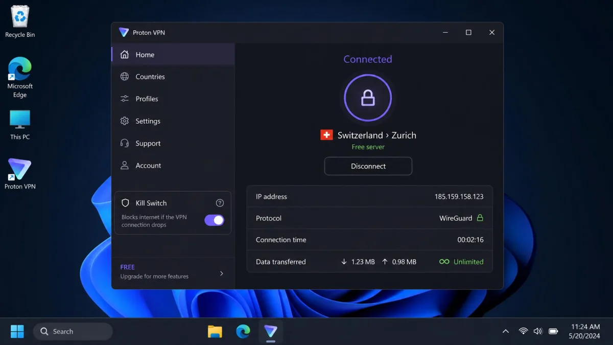 Proton VPN free desktop app connected to a free server, showing the unlimited data indicator, the kill switch toggle enabled, and the connection status panel on a Windows 11 screen.