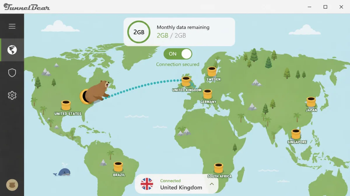 TunnelBear free app showing its signature illustrated world map interface with the tunnelling bear animation and the 2GB monthly data remaining indicator at the top.