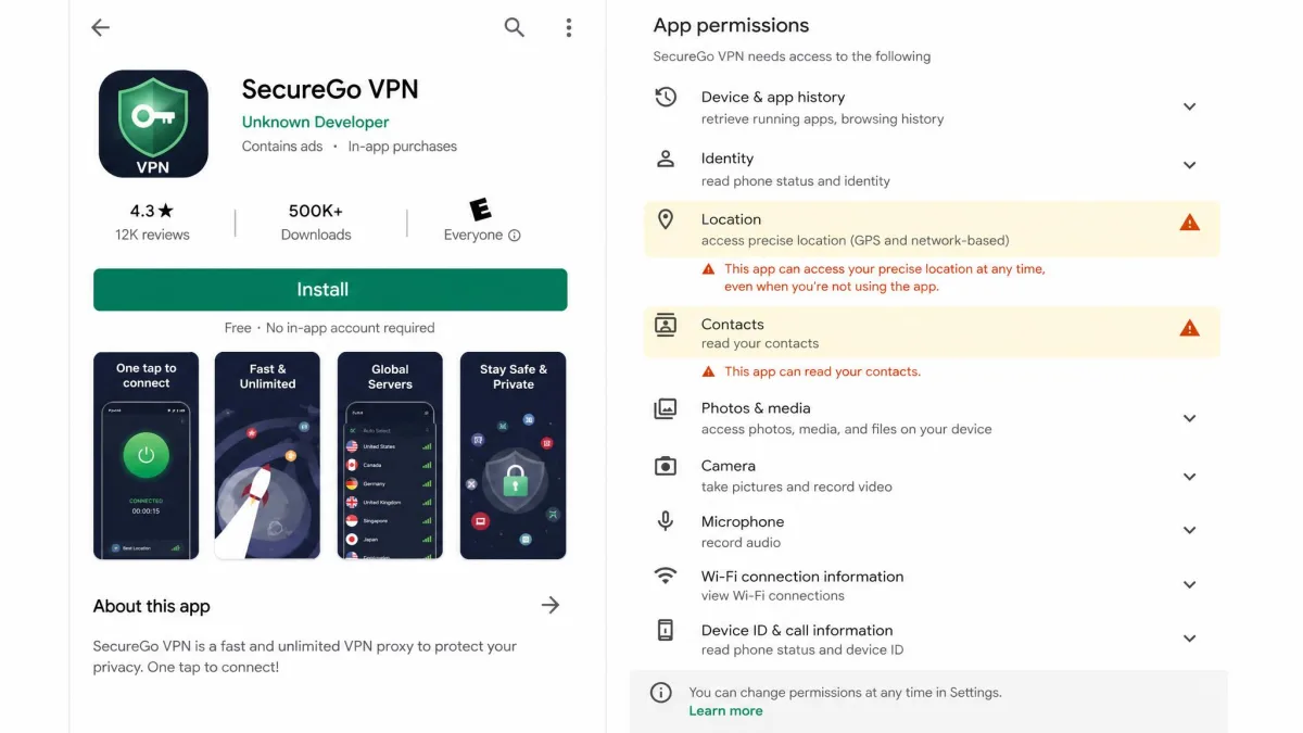 A mobile app store listing for an unknown free VPN showing a long list of intrusive requested permissions and a warning highlight over the location and contacts access it asks for.