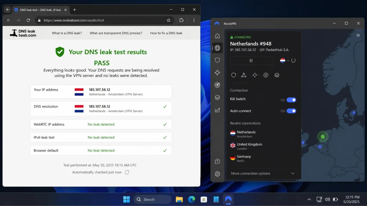 Browser-based DNS and IP leak test results page showing a clean pass with only the VPN server location visible, next to the VPN app connection status on a second window.